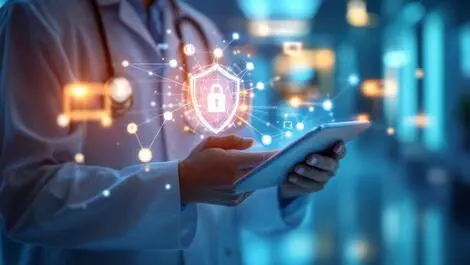 Realistic hospital doctor tablet glowing network digital data shield healthcare technology data security
