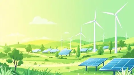 Realistic illustration wind turbines solar panels green landscape clear sky renewable energy