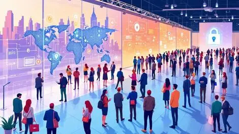 Busy technology conference modern city venue networking digital security icons global cybersecurity event