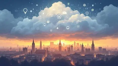 European city skyline stormy clouds digital symbols cloud computing costs