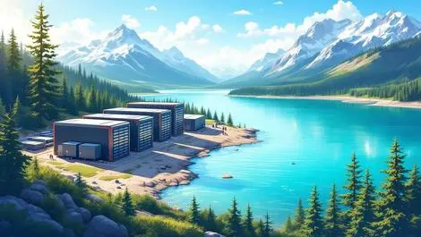 Data centers cooling towers blue lake canadian pines snow mountains tech nature