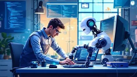 Realistic robotics engineer working on robot arm modern workspace computer code
