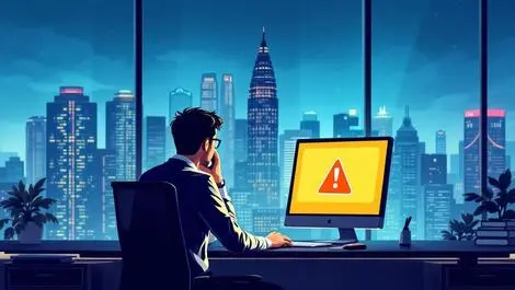 Worried businessperson singapore city office computer warning symbol cybersecurity