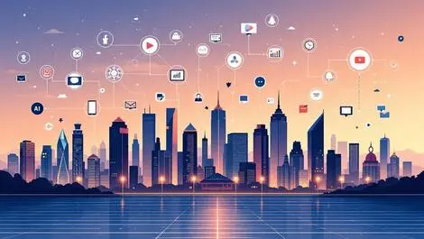 Australian city skyline digital platform icons interconnected marketing ai