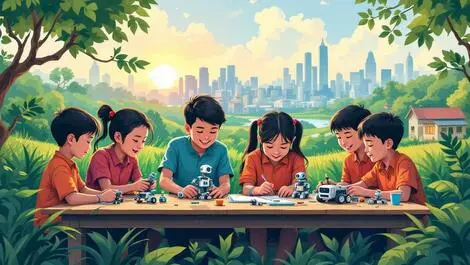 Enthusiastic malaysian schoolchildren assembling programming robots rural urban