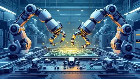 Robotic arms assembling circuit boards drones modern factory edge ai