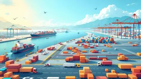 Busy apac port cargo ships warehouses trucks cranes efficient supply chain operations