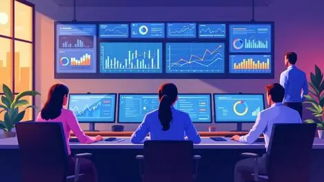 Office employees working at computers it specialists monitoring analytics