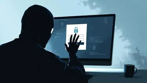 Realistic computer login screen shadowy figure hacking biometrics access