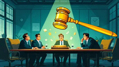 Worried business executives around conference table with large judges gavel overhead symbolizing legal financial consequences