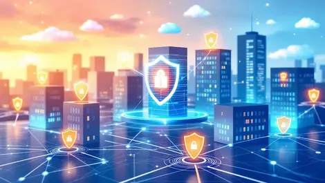 Secure digital network uk office buildings glowing shield icons cloud background