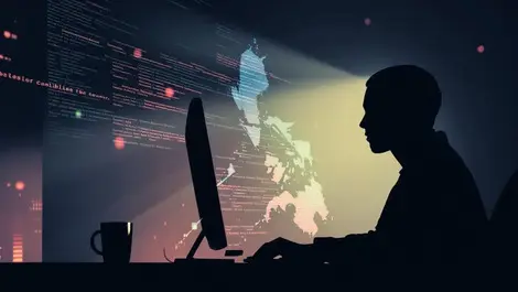 Shadowy figure operating computer with philippines map and digital code overlay