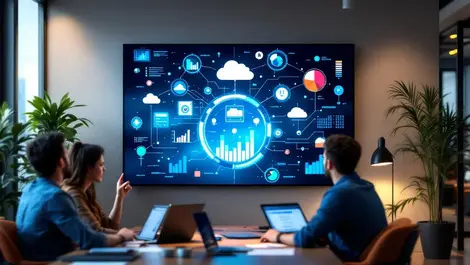 Modern office teamwork digital screen data charts cloud icons