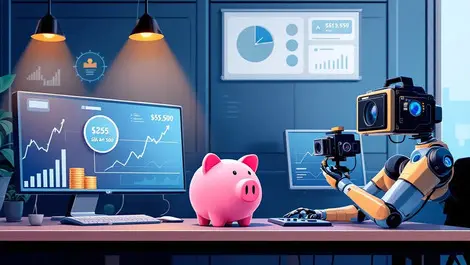 Modern south korean office financial charts piggy bank ai robotic arm