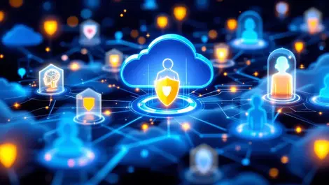 Digital illustration secure network human ai server icons glowing shields