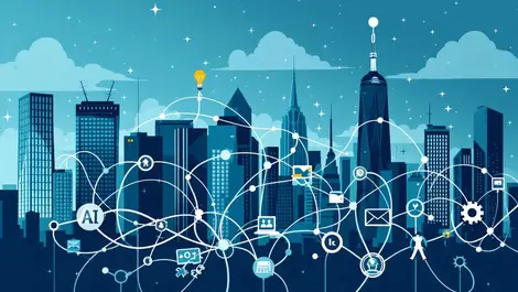 Australian city skyline modern office buildings abstract data flow barriers ai challenges