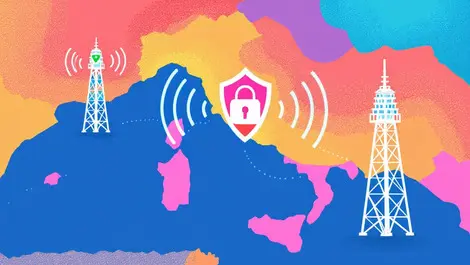 Illustration phone towers secure voice connection over map italy