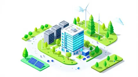 Modern data center building with solar panels wind turbines and green landscapes symbolizing sustainability