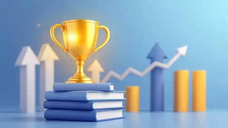 Realistic golden trophy financial growth charts upward arrows tech investment success