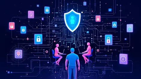 Secure digital workspace abstract human figures computers shields padlocks