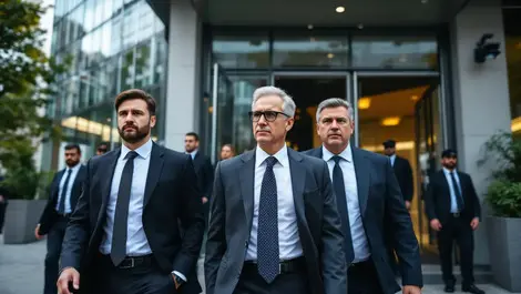 Corporate executives escorted by bodyguards outside modern office building security