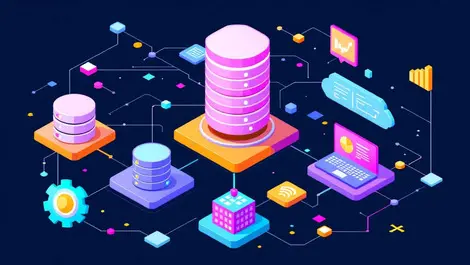 Stylized illustration interlocking data nodes flowing connections databases analytics