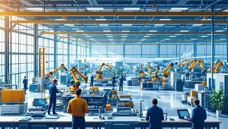 Modern airplane factory floor robotic arms automated machinery engineers tablets wireless connectivity