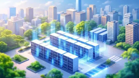 Modern data center urban asian cityscape cooling servers efficiency sustainability