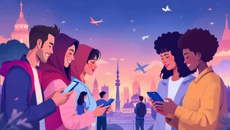 Global digital wallets people smartphones world landmarks finance travel