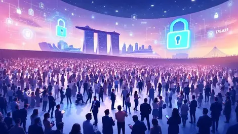 Conference hall networking cybersecurity digital locks data streams singapore skyline