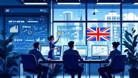 Modern uk office professionals collaborating ai data visualizations british flag