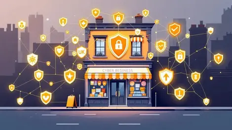 Uk small business storefront with interconnected shield icons cyber resilience