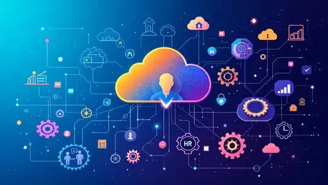 Interconnected cloud icons gears human silhouettes business processes network modern workspace