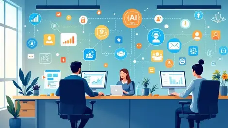 Office workers using computers ai icons connecting business tasks automation