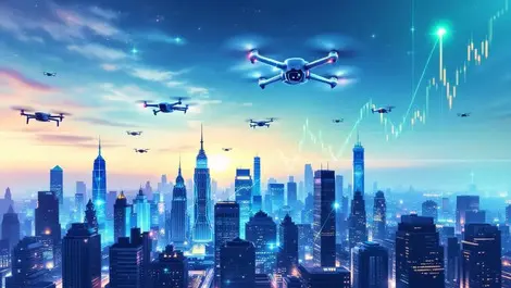 Realistic illustration modern drones city skyline financial charts growth