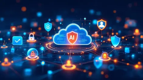 Interconnected digital icons ai cybersecurity cloud networks data chains