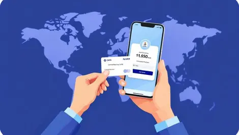 Hand holding contactless payment card near smartphone global payment solutions