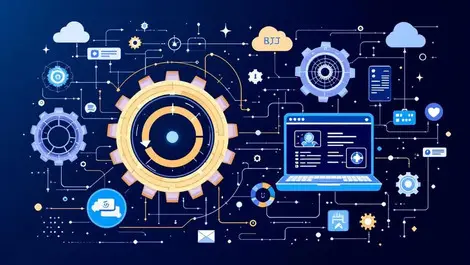 Interconnected gears digital interfaces workflow automation data integration business software