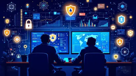 Realistic illustration two computer security experts analyzing data monitors global cybersecurity collaboration
