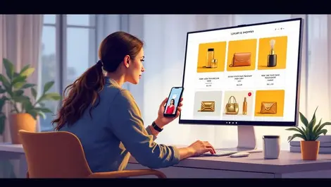 Uk shopper using smartphone computer viewing luxury brand websites ai assistant home
