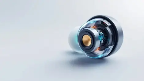 Close up advanced earphone exposed interior compact speaker microphone module