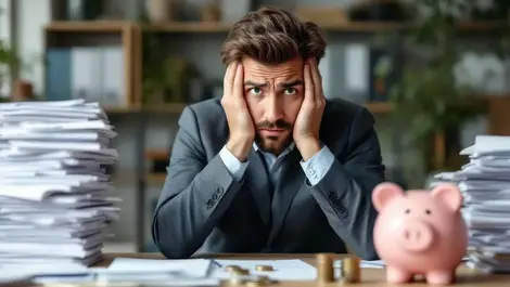 Worried businessperson stacks paperwork piggy bank few coins uk office