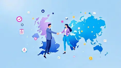 Business shaking hands uk australia map financial icons global fintech expansion