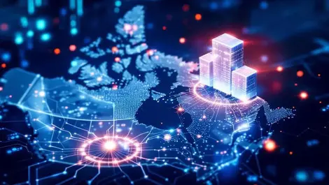 Digital map canada flowing data lines connecting data server financial exchange