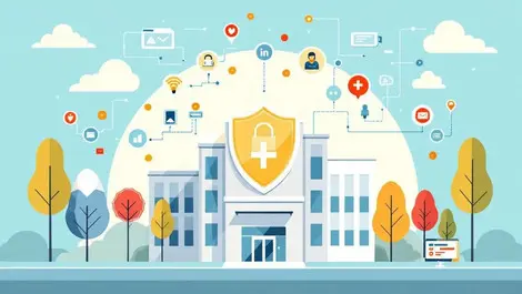 Hospital building with shield icons digital security and connected medical devices healthcare cybersecurity vector art