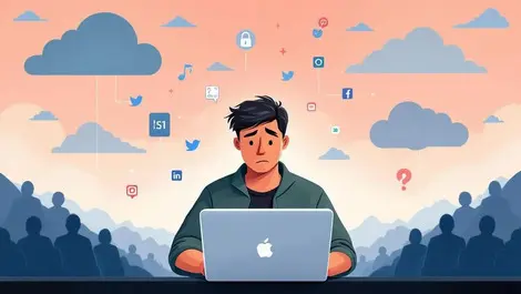 Concerned new zealander with laptop digital clouds social media icons shadowy privacy risks