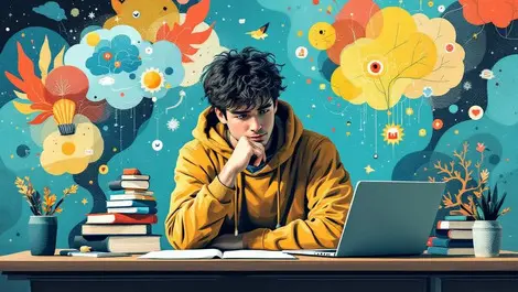 Thoughtful university student desk books laptop abstract illustrations ai learning change