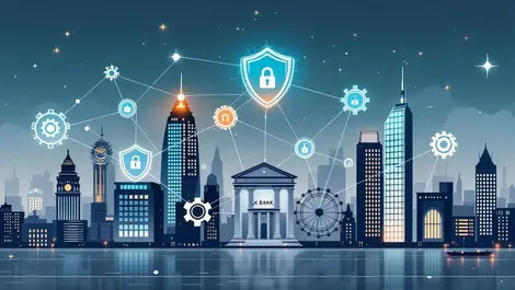 Modern uk city skyline bank buildings digital shields security compliance automation