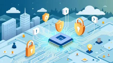 Realistic illustration computer microchip installation digital security symbols british skyline national technology investment