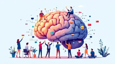 Global professionals collaborating around digital brain ai workplace transformation